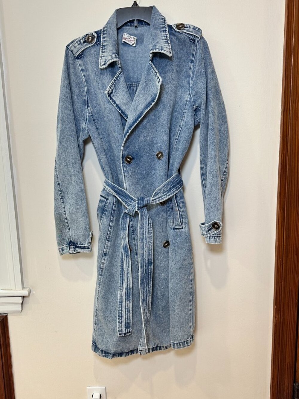 Stoosh Vintage Denim Jean Double Breasted Duster Trench Coat Light Wash Medium - Picture 3 of 10